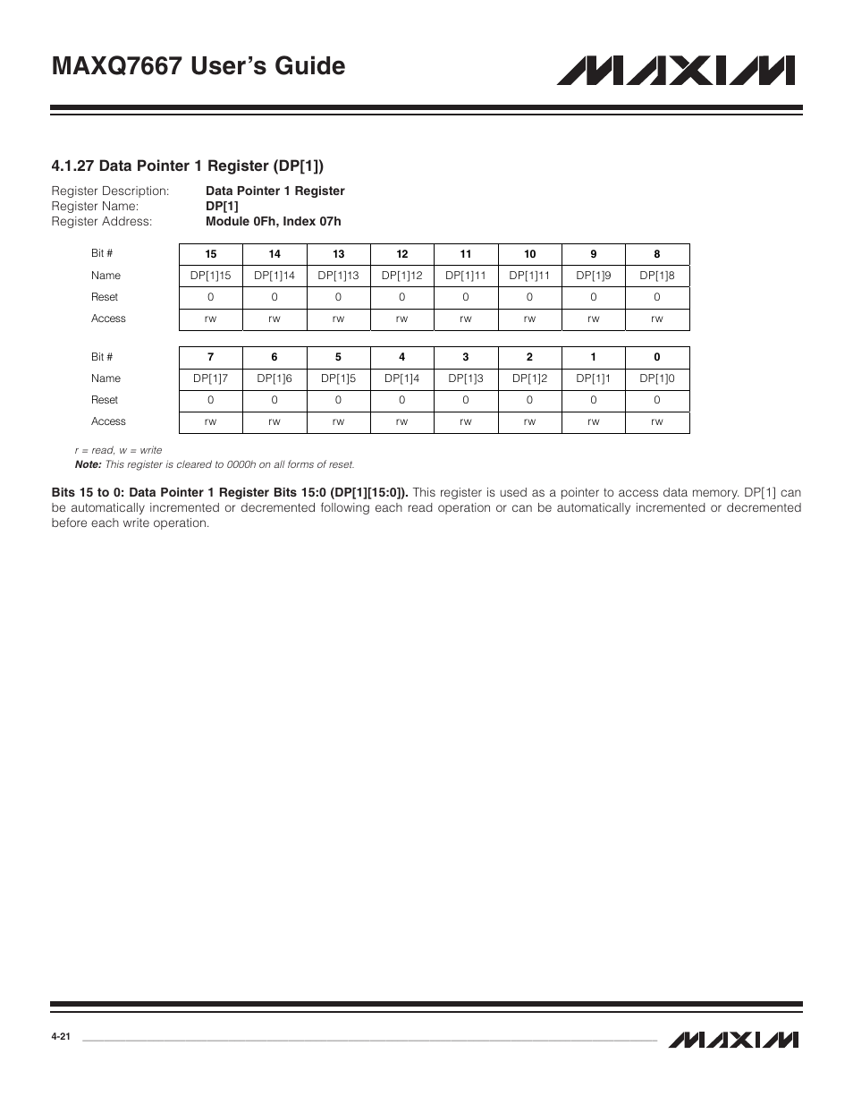 27 data pointer 1 regist, 27 data pointer 1 register (dp[1]) -21, Maxq7667 user’s guide | 27 data pointer 1 register (dp[1]) | Maxim Integrated MAXQ7667 User Manual | Page 65 / 347