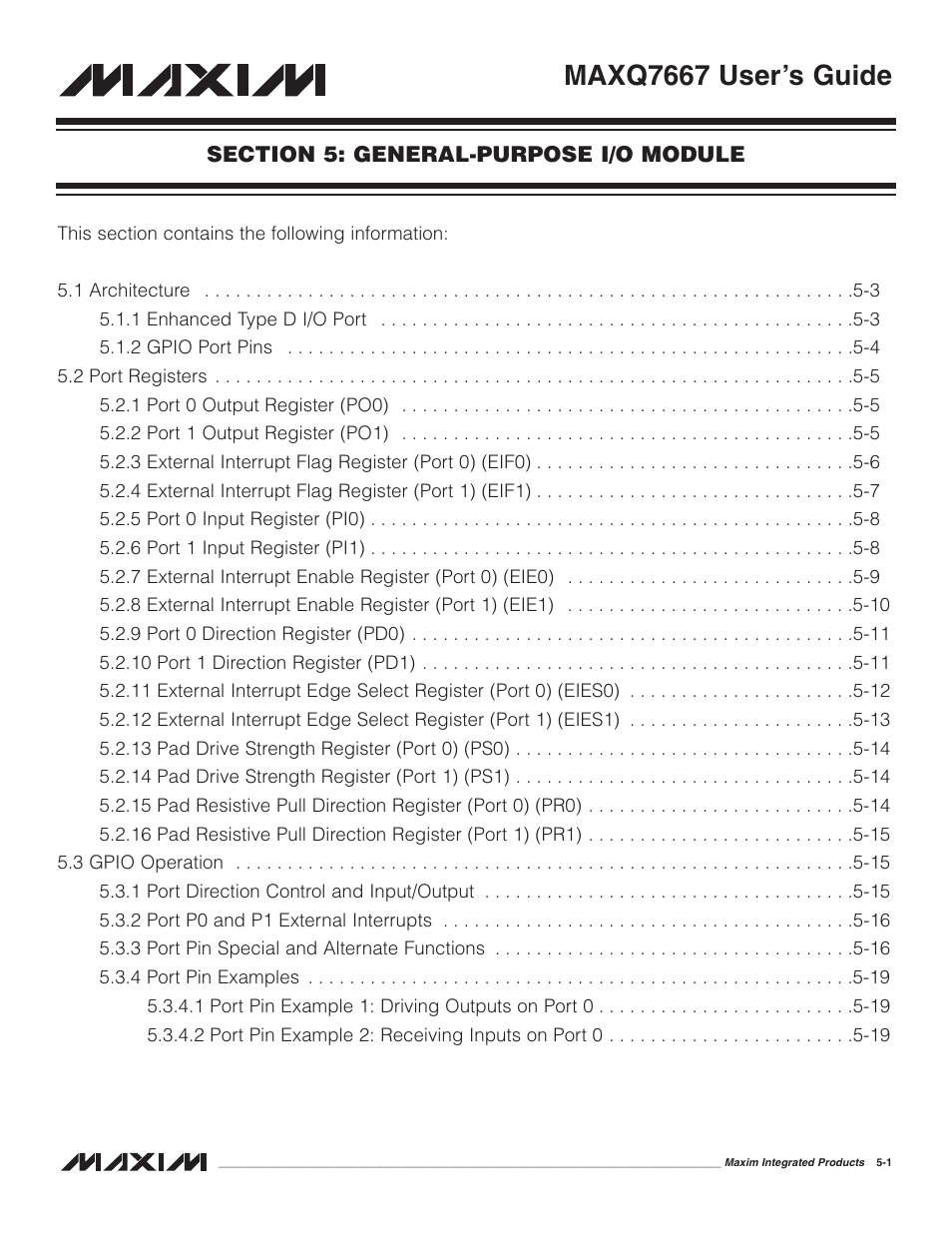 Section 5: general-purpose i/o module, Section 5: general-purpose i/o module -1, Maxq7667 user’s guide | Maxim Integrated MAXQ7667 User Manual | Page 76 / 347