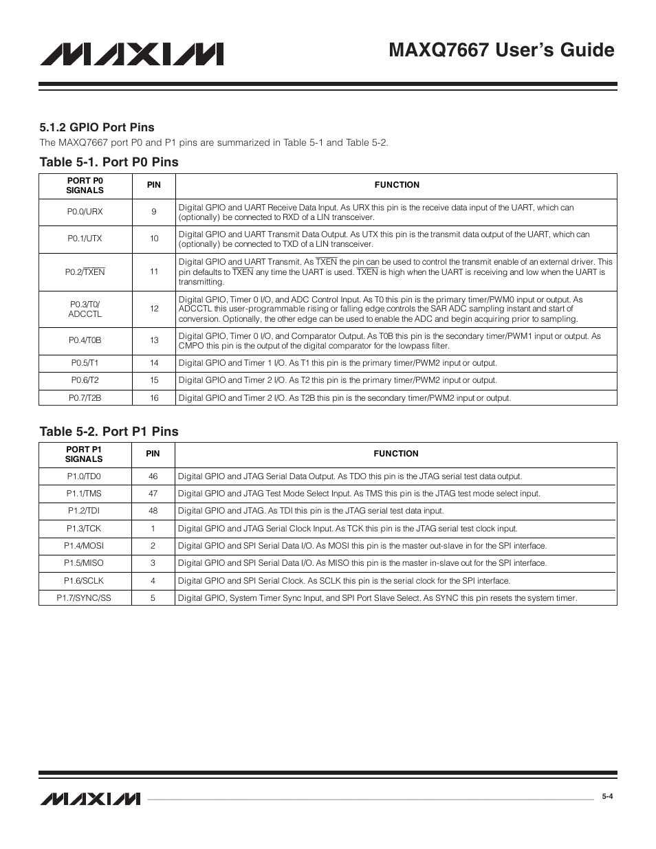 2 gpio port pins, 2 gpio port pins -4, Table 5-1. port p0 pins -4 | Table 5-2. port p1 pins -4, Maxq7667 user’s guide, Table 5-2. port p1 pins, Table 5-1. port p0 pins | Maxim Integrated MAXQ7667 User Manual | Page 79 / 347