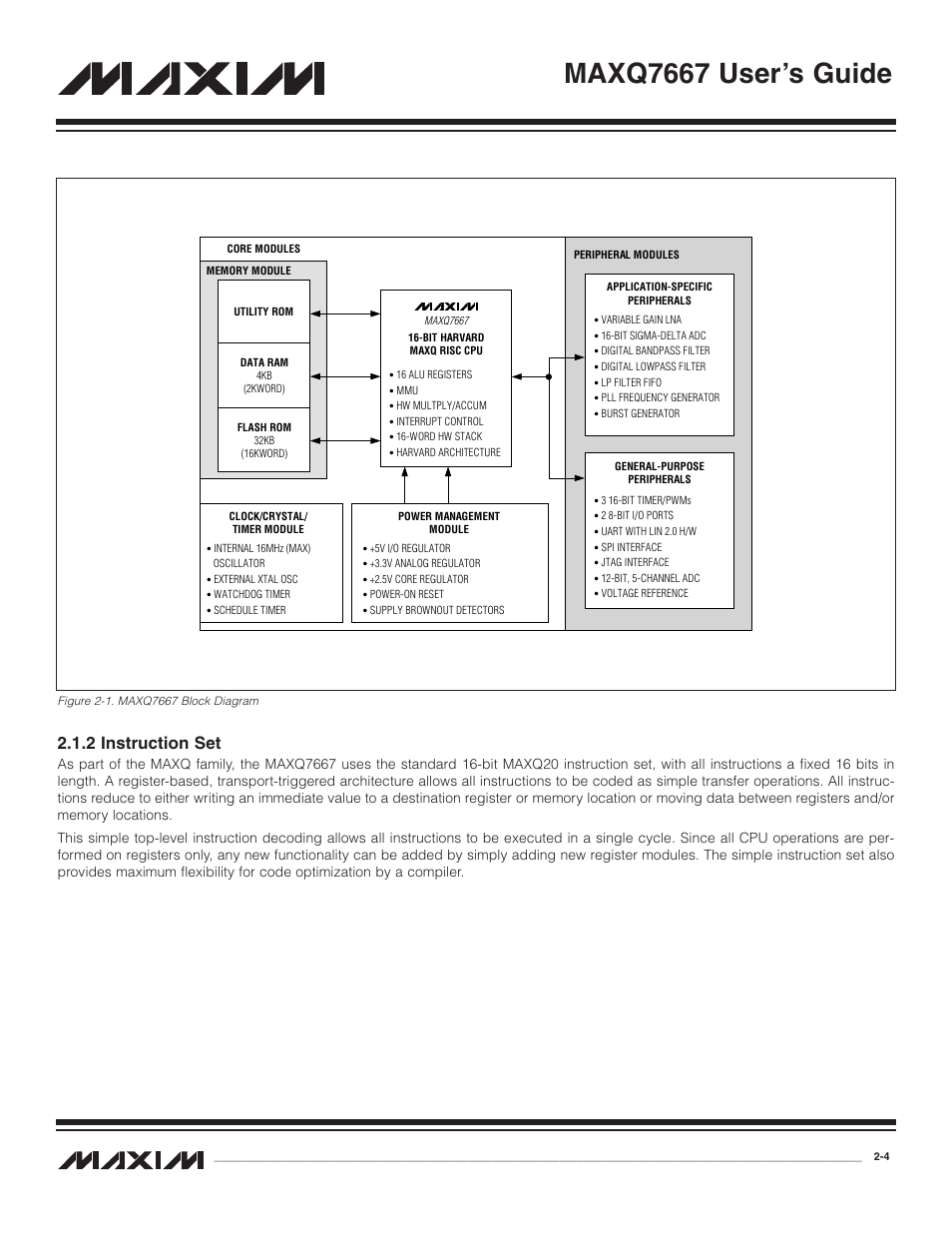 2 instruction set, 2 instruction set -4, Figure 2-1. maxq7667 block diagram -4 | Maxq7667 user’s guide | Maxim Integrated MAXQ7667 User Manual | Page 9 / 347