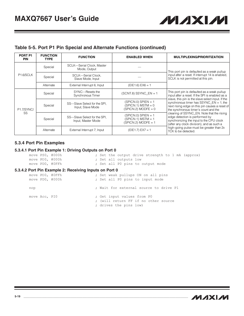 4 port pin examples, 1 port pin example 1, 2 port pin example 2 | 4 port pin examples -19, Maxq7667 user’s guide | Maxim Integrated MAXQ7667 User Manual | Page 94 / 347