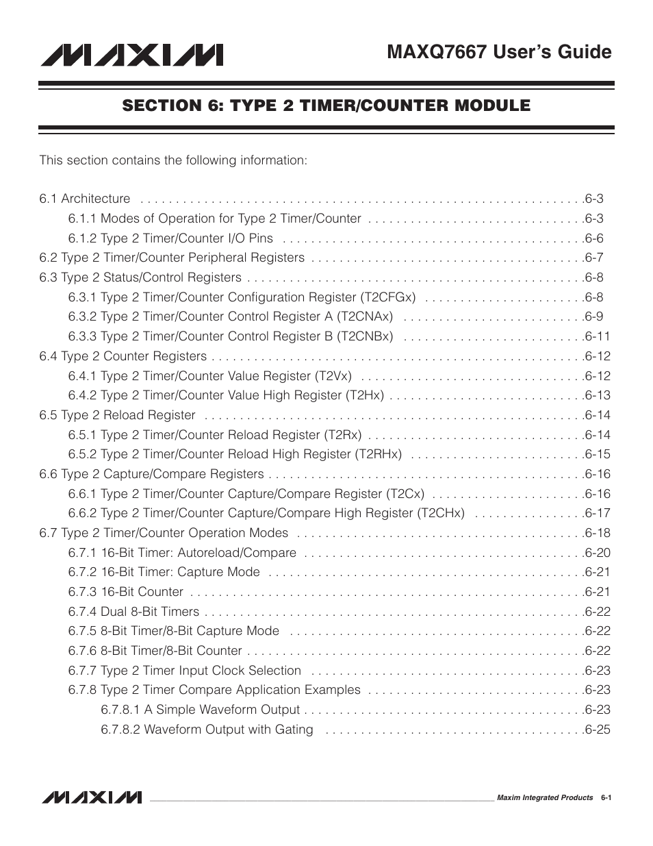 Section 6: type 2 timer/counter module, Section 6: type 2 timer/counter module -1, Maxq7667 user’s guide | Maxim Integrated MAXQ7667 User Manual | Page 95 / 347