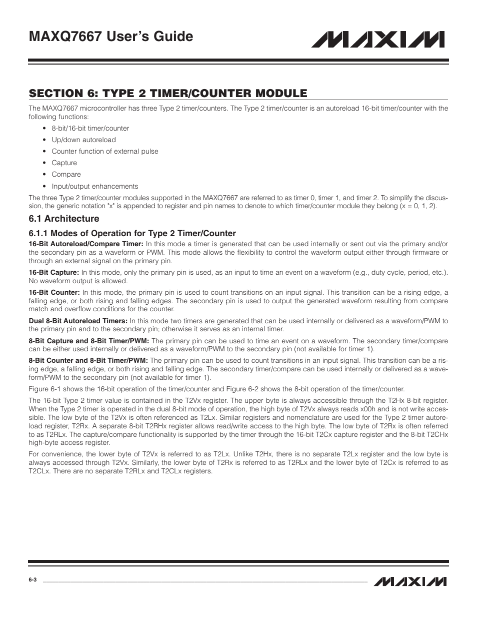 1 architecture, 1 modes of operation for, 1 architecture -3 | 1 modes of operation for type 2 timer/counter -3, Maxq7667 user’s guide | Maxim Integrated MAXQ7667 User Manual | Page 97 / 347