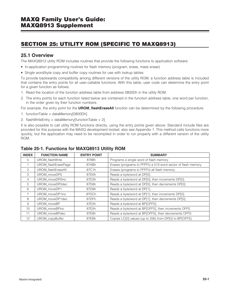 Section 25: utility rom (specific to maxq8913), 1 overview, 1 overview -1 | Maxq family user’s guide: maxq8913 supplement | Maxim Integrated MAXQ Family Users Guide: MAXQ8913 Supplement User Manual | Page 100 / 114