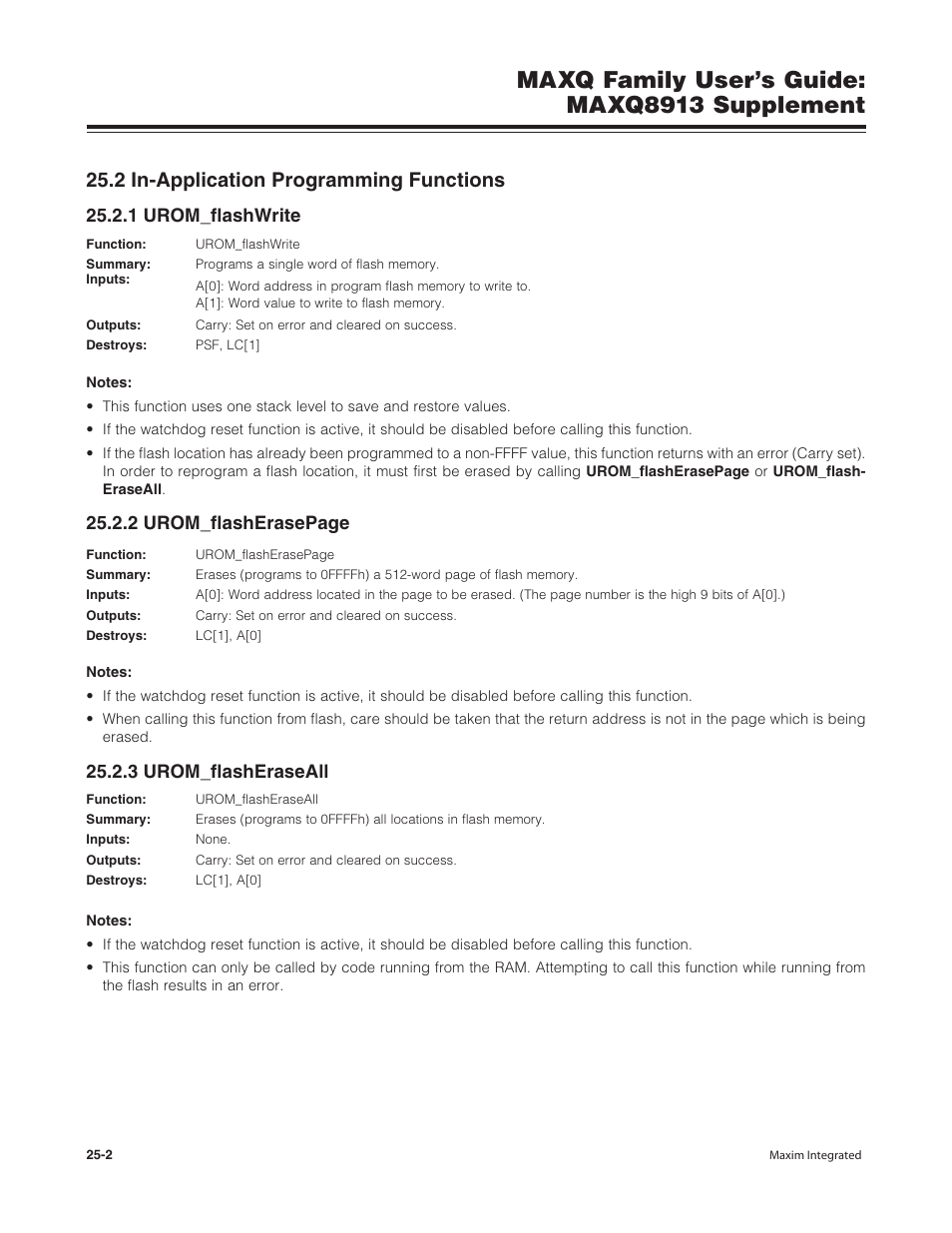 2 in-application programming functions, 1 urom_flashwrite, 3 urom_flasheraseall | 2 in-application programming functions -2, Maxq family user’s guide: maxq8913 supplement, 2 urom_flasherasepage | Maxim Integrated MAXQ Family Users Guide: MAXQ8913 Supplement User Manual | Page 101 / 114