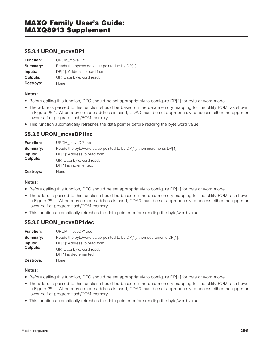 4 urom_movedp1, 5 urom_movedp1inc, 6 urom_movedp1dec | Maxq family user’s guide: maxq8913 supplement | Maxim Integrated MAXQ Family Users Guide: MAXQ8913 Supplement User Manual | Page 104 / 114