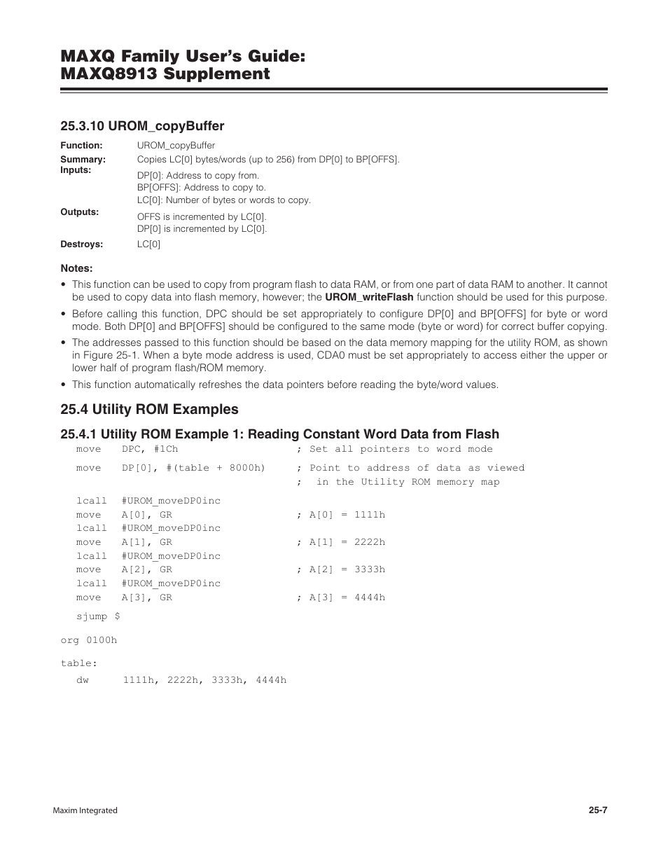 10 urom_copybuffer, 4 utility rom examples, 10 urom_copybuffer -7 | 4 utility rom examples -7, Maxq family user’s guide: maxq8913 supplement | Maxim Integrated MAXQ Family Users Guide: MAXQ8913 Supplement User Manual | Page 106 / 114