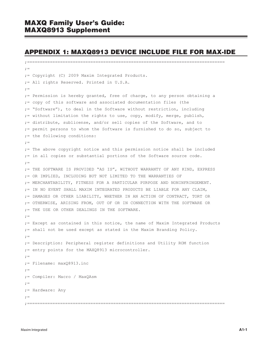 A1-1, Maxq family user’s guide: maxq8913 supplement | Maxim Integrated MAXQ Family Users Guide: MAXQ8913 Supplement User Manual | Page 108 / 114