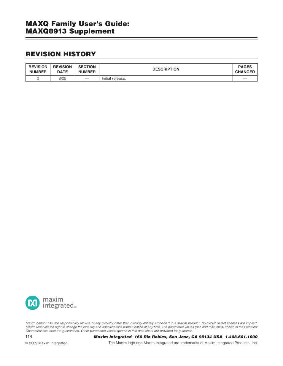 Revision history, Maxq family user’s guide: maxq8913 supplement | Maxim Integrated MAXQ Family Users Guide: MAXQ8913 Supplement User Manual | Page 114 / 114