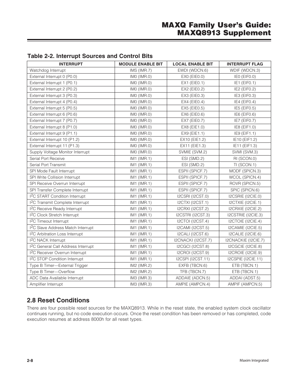 8 reset conditions, 8 reset conditions -8, Maxq family user’s guide: maxq8913 supplement | Table 2-2. interrupt sources and control bits | Maxim Integrated MAXQ Family Users Guide: MAXQ8913 Supplement User Manual | Page 17 / 114