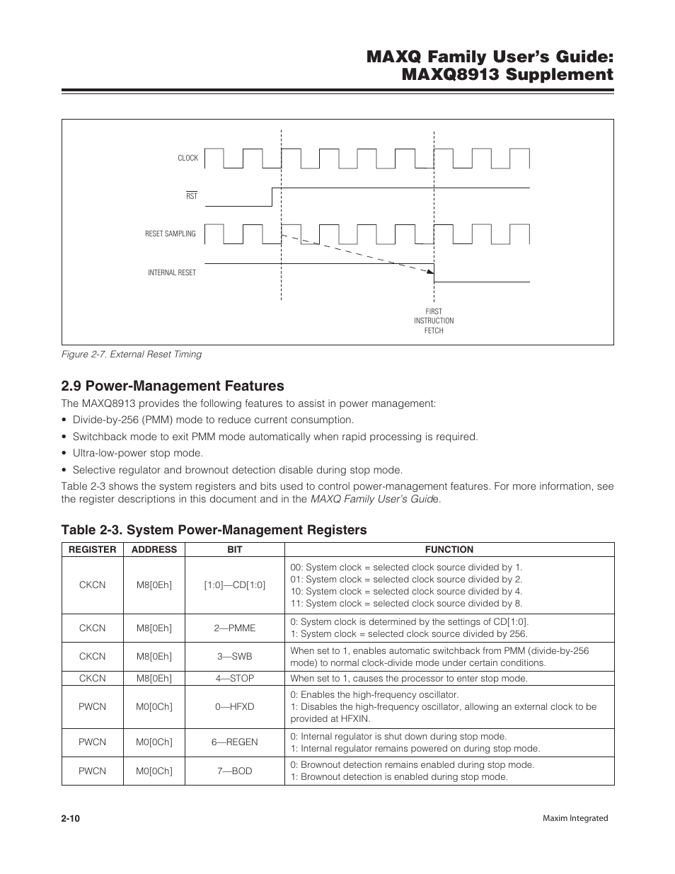 9 power-management features, 9 power-management features -10, Maxq family user’s guide: maxq8913 supplement | Table 2-3. system power-management registers | Maxim Integrated MAXQ Family Users Guide: MAXQ8913 Supplement User Manual | Page 19 / 114