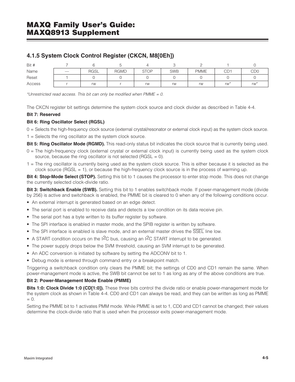5 system clock control register (ckcn, m8[0eh]), 5 system clock control register (ckcn, m8[0eh]) -5, Maxq family user’s guide: maxq8913 supplement | Maxim Integrated MAXQ Family Users Guide: MAXQ8913 Supplement User Manual | Page 27 / 114