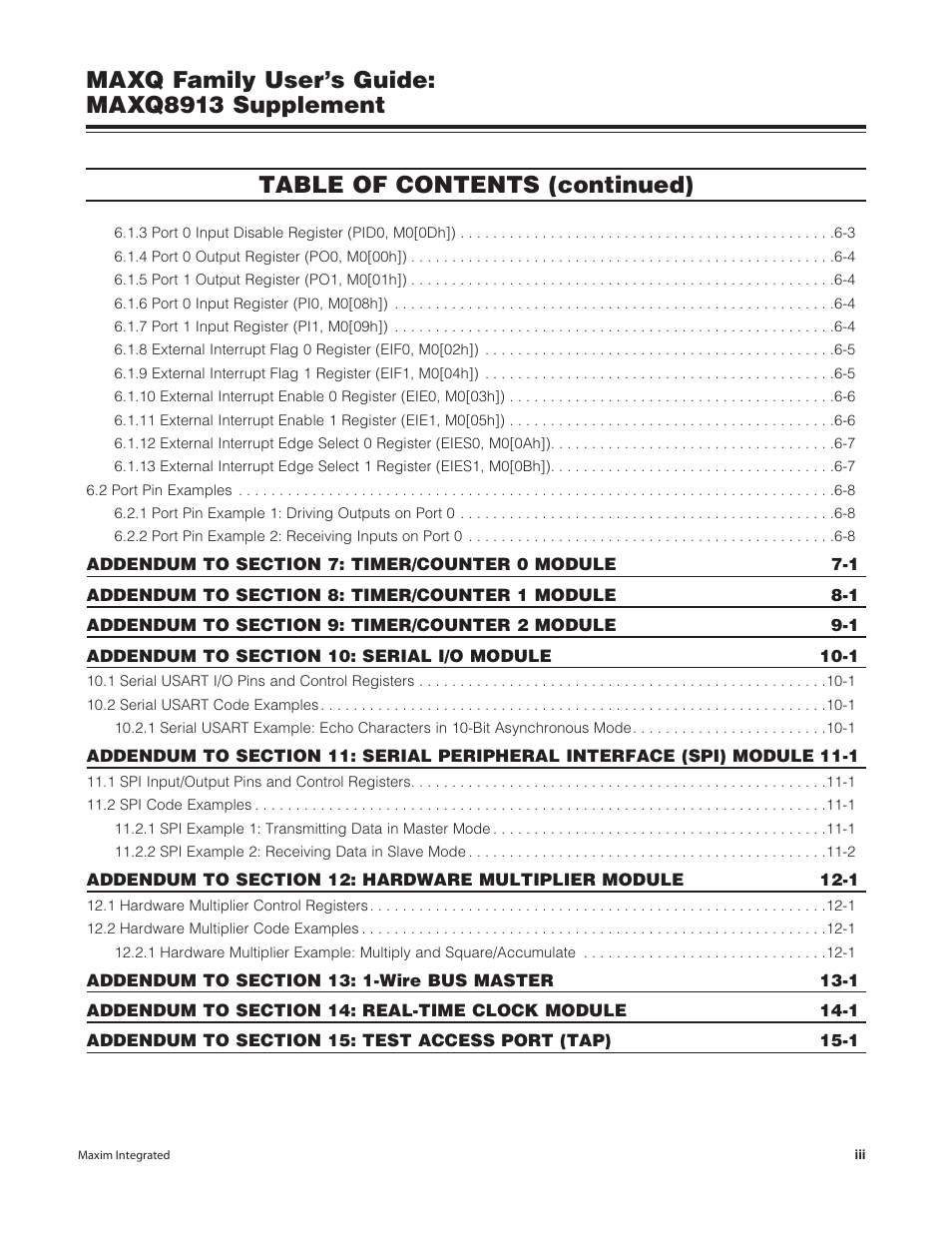 Maxq family user’s guide: maxq8913 supplement, Table of contents (continued) | Maxim Integrated MAXQ Family Users Guide: MAXQ8913 Supplement User Manual | Page 3 / 114