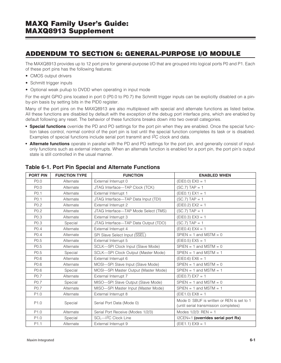 Addendum to section 6: general-purpose i/o module, Maxq family user’s guide: maxq8913 supplement | Maxim Integrated MAXQ Family Users Guide: MAXQ8913 Supplement User Manual | Page 33 / 114