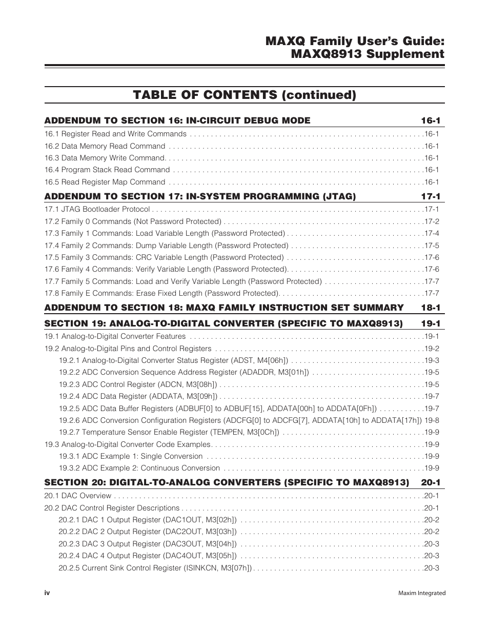 Maxq family user’s guide: maxq8913 supplement, Table of contents (continued) | Maxim Integrated MAXQ Family Users Guide: MAXQ8913 Supplement User Manual | Page 4 / 114