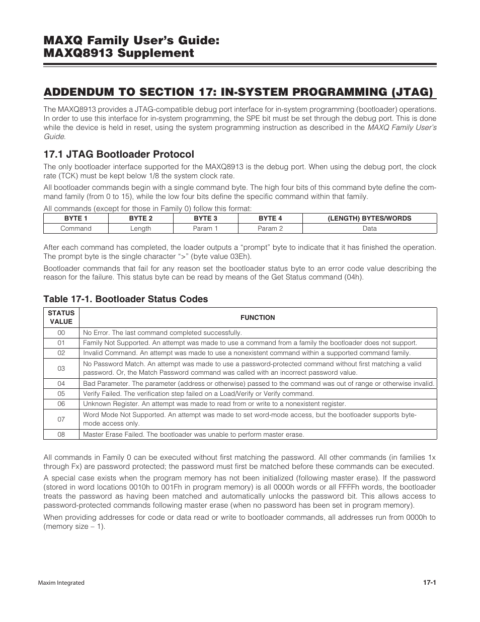 1 jtag bootloader protocol, 1 jtag bootloader protocol -1, Maxq family user’s guide: maxq8913 supplement | Table 17-1. bootloader status codes | Maxim Integrated MAXQ Family Users Guide: MAXQ8913 Supplement User Manual | Page 54 / 114