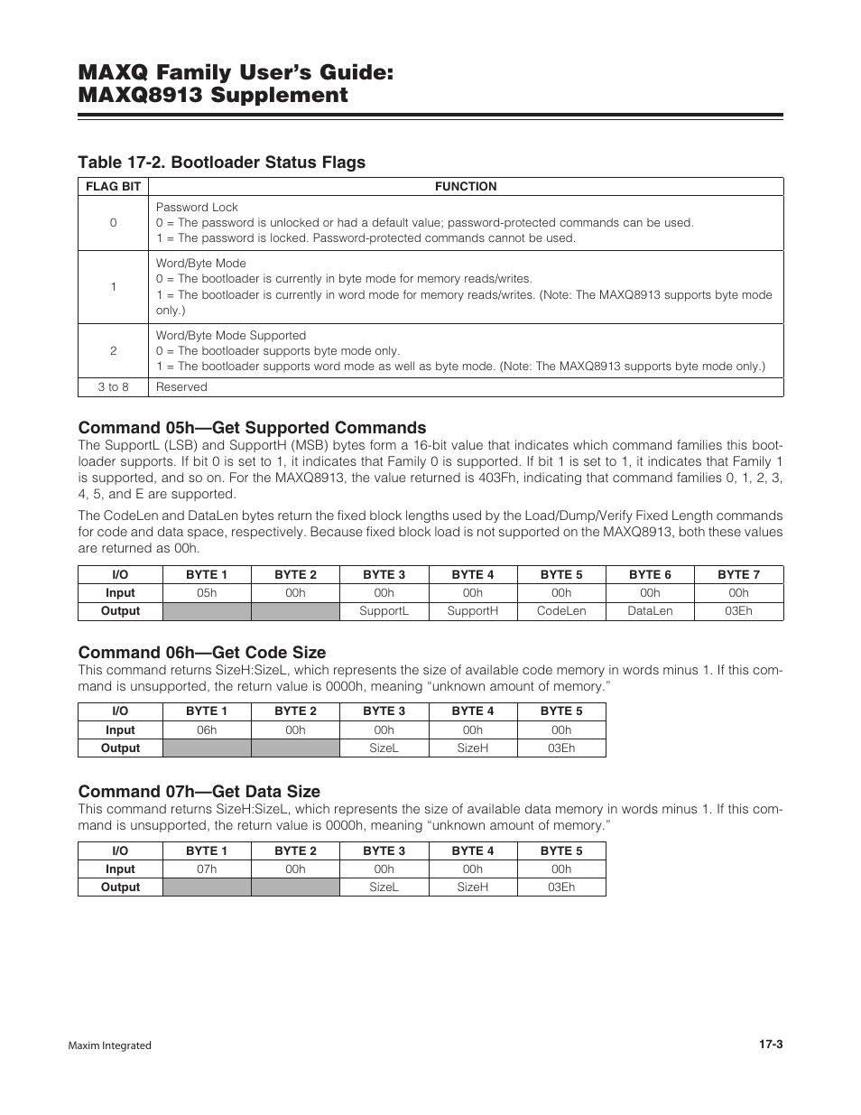 Maxq family user’s guide: maxq8913 supplement, Command 05h—get supported commands, Command 06h—get code size | Command 07h—get data size, Table 17-2. bootloader status flags | Maxim Integrated MAXQ Family Users Guide: MAXQ8913 Supplement User Manual | Page 56 / 114