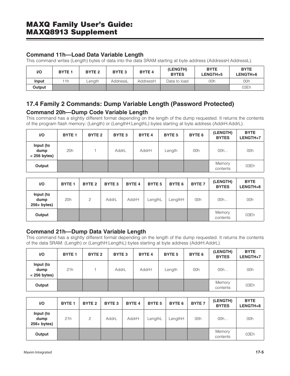 Maxq family user’s guide: maxq8913 supplement, Command 11h—load data variable length, Command 20h—dump code variable length | Command 21h—dump data variable length | Maxim Integrated MAXQ Family Users Guide: MAXQ8913 Supplement User Manual | Page 58 / 114