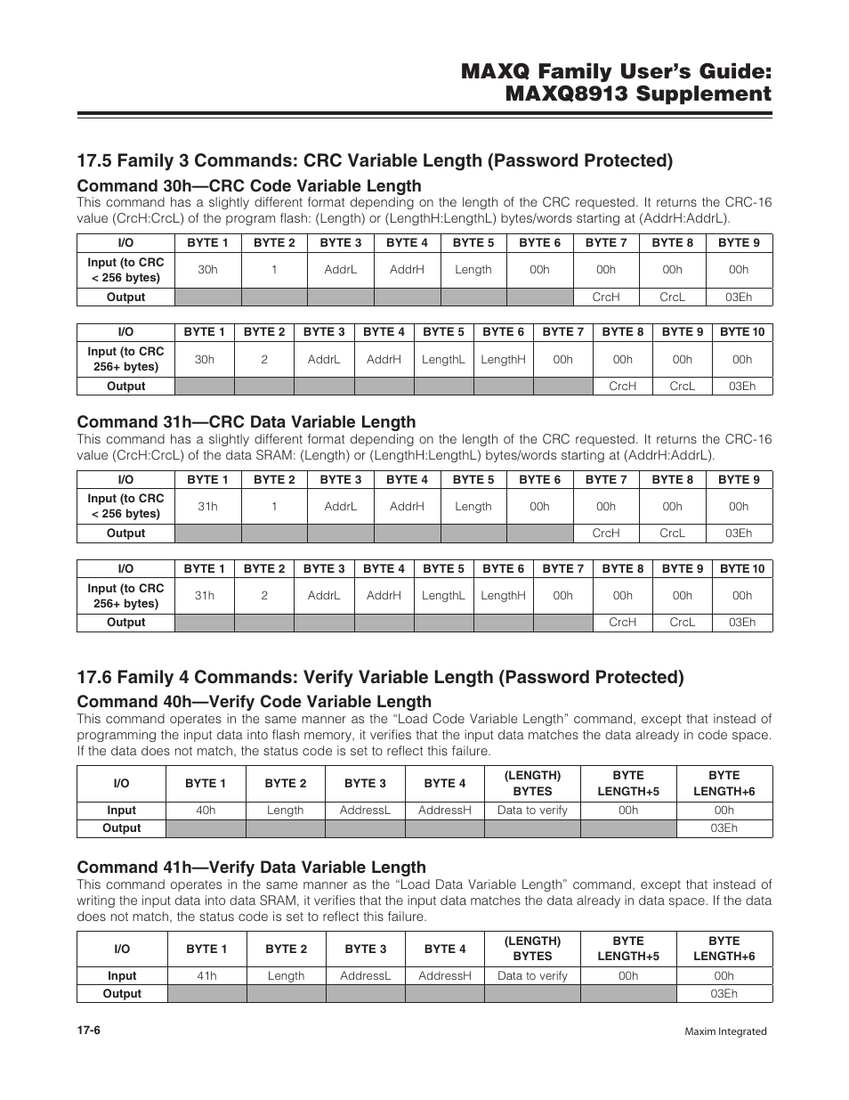 Maxq family user’s guide: maxq8913 supplement, Command 30h—crc code variable length, Command 31h—crc data variable length | Command 40h—verify code variable length, Command 41h—verify data variable length | Maxim Integrated MAXQ Family Users Guide: MAXQ8913 Supplement User Manual | Page 59 / 114