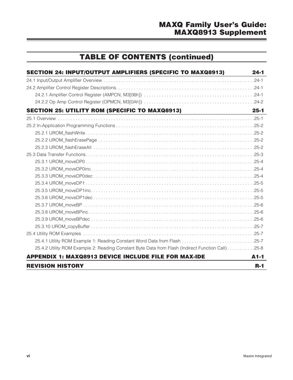Maxq family user’s guide: maxq8913 supplement, Table of contents (continued) | Maxim Integrated MAXQ Family Users Guide: MAXQ8913 Supplement User Manual | Page 6 / 114