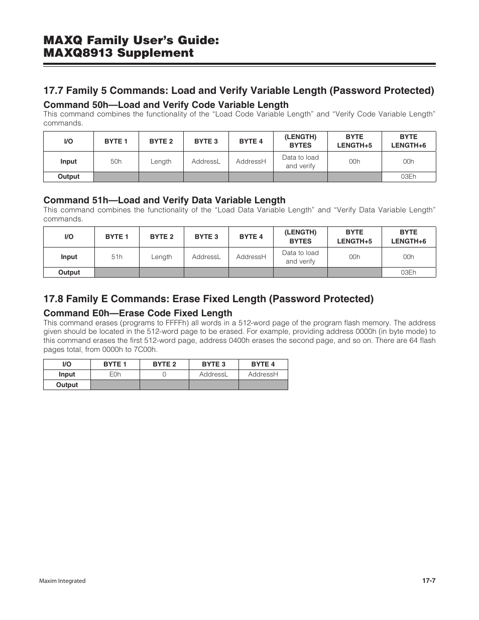 Maxq family user’s guide: maxq8913 supplement, Command 50h—load and verify code variable length, Command 51h—load and verify data variable length | Command e0h—erase code fixed length | Maxim Integrated MAXQ Family Users Guide: MAXQ8913 Supplement User Manual | Page 60 / 114