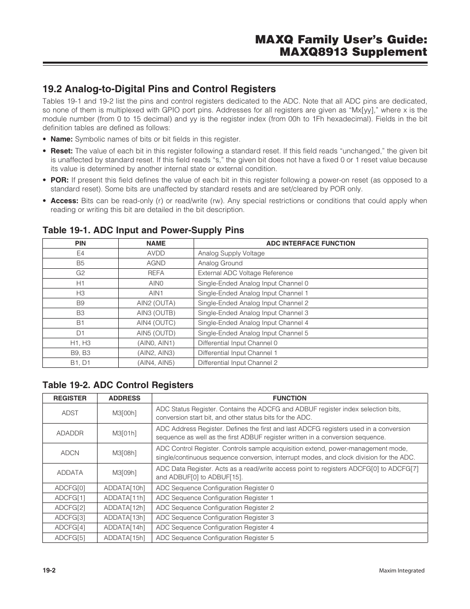 2 analog-to-digital pins and control registers, 2 analog-to-digital pins and control registers -2, Maxq family user’s guide: maxq8913 supplement | Maxim Integrated MAXQ Family Users Guide: MAXQ8913 Supplement User Manual | Page 64 / 114