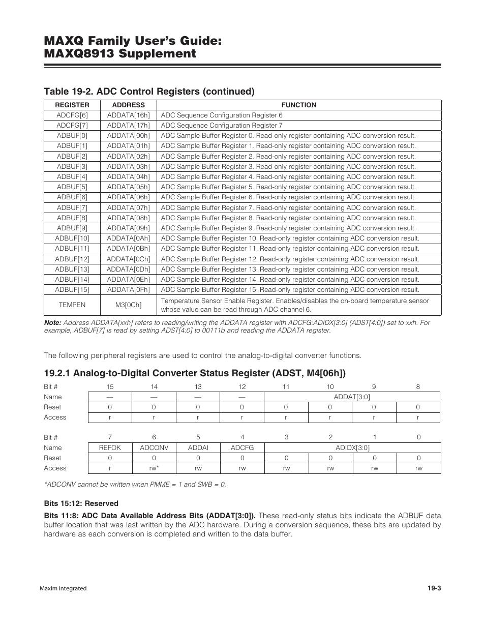 Maxq family user’s guide: maxq8913 supplement, Table 19-2. adc control registers (continued) | Maxim Integrated MAXQ Family Users Guide: MAXQ8913 Supplement User Manual | Page 65 / 114