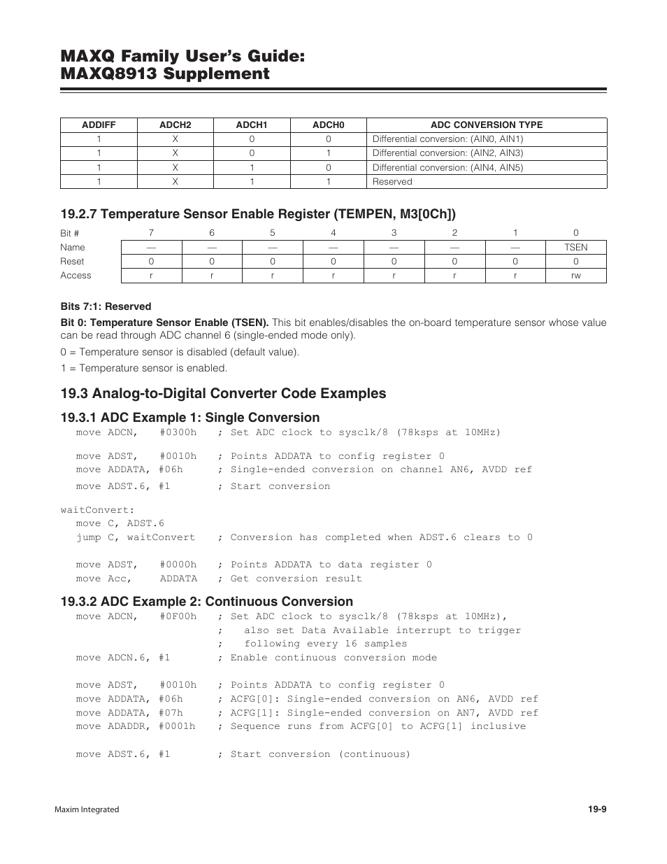 3 analog-to-digital converter code examples, 1 adc example 1: single conversion, 2 adc example 2: continuous conversion | 3 analog-to-digital converter code examples -9, Maxq family user’s guide: maxq8913 supplement | Maxim Integrated MAXQ Family Users Guide: MAXQ8913 Supplement User Manual | Page 71 / 114