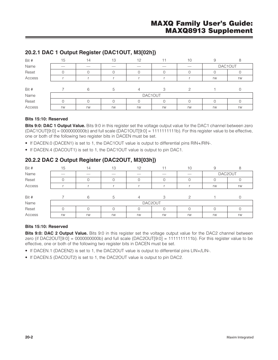 1 dac 1 output register (dac1out, m3[02h]), 2 dac 2 output register (dac2out, m3[03h]), Maxq family user’s guide: maxq8913 supplement | Maxim Integrated MAXQ Family Users Guide: MAXQ8913 Supplement User Manual | Page 74 / 114