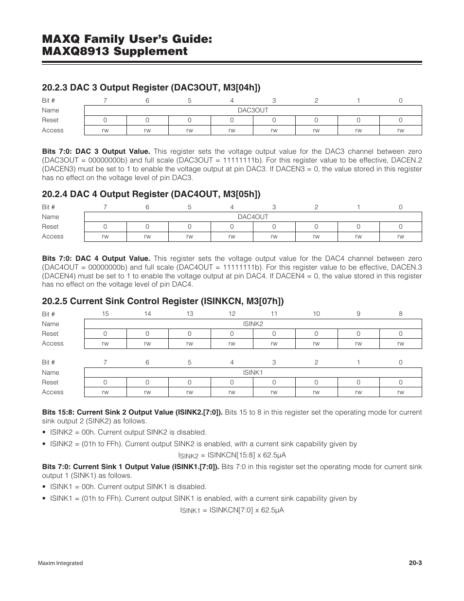 3 dac 3 output register (dac3out, m3[04h]), 4 dac 4 output register (dac4out, m3[05h]), 5 current sink control register (isinkcn, m3[07h]) | Maxq family user’s guide: maxq8913 supplement | Maxim Integrated MAXQ Family Users Guide: MAXQ8913 Supplement User Manual | Page 75 / 114