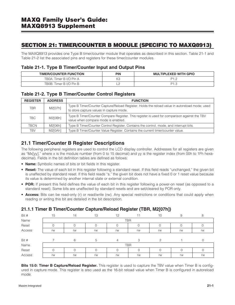 1 timer/counter b register descriptions, 1 timer/counter b register descriptions -1, Maxq family user’s guide: maxq8913 supplement | Maxim Integrated MAXQ Family Users Guide: MAXQ8913 Supplement User Manual | Page 76 / 114