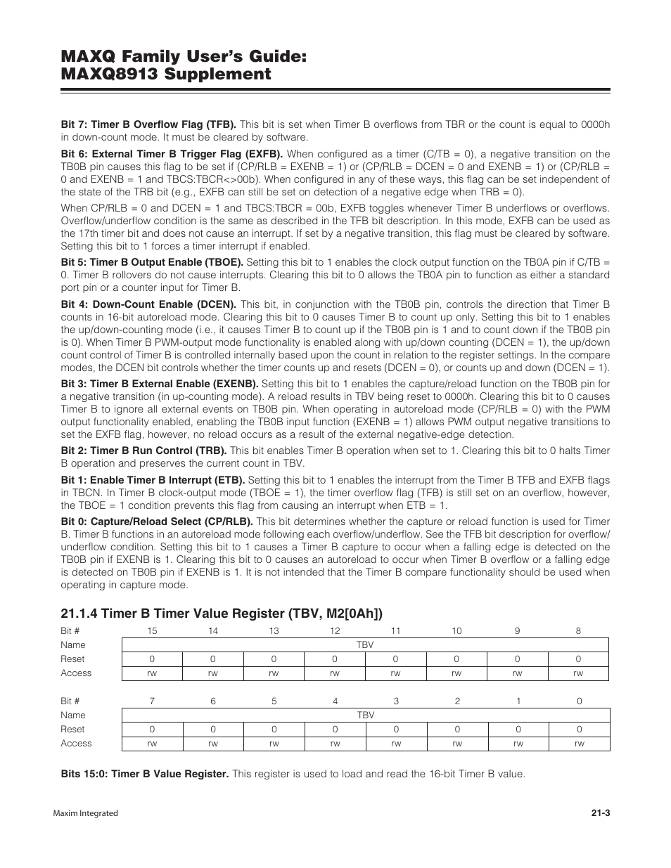 4 timer b timer value register (tbv, m2[0ah]), 4 timer b timer value register (tbv, m2[0ah]) -3, Maxq family user’s guide: maxq8913 supplement | Maxim Integrated MAXQ Family Users Guide: MAXQ8913 Supplement User Manual | Page 78 / 114