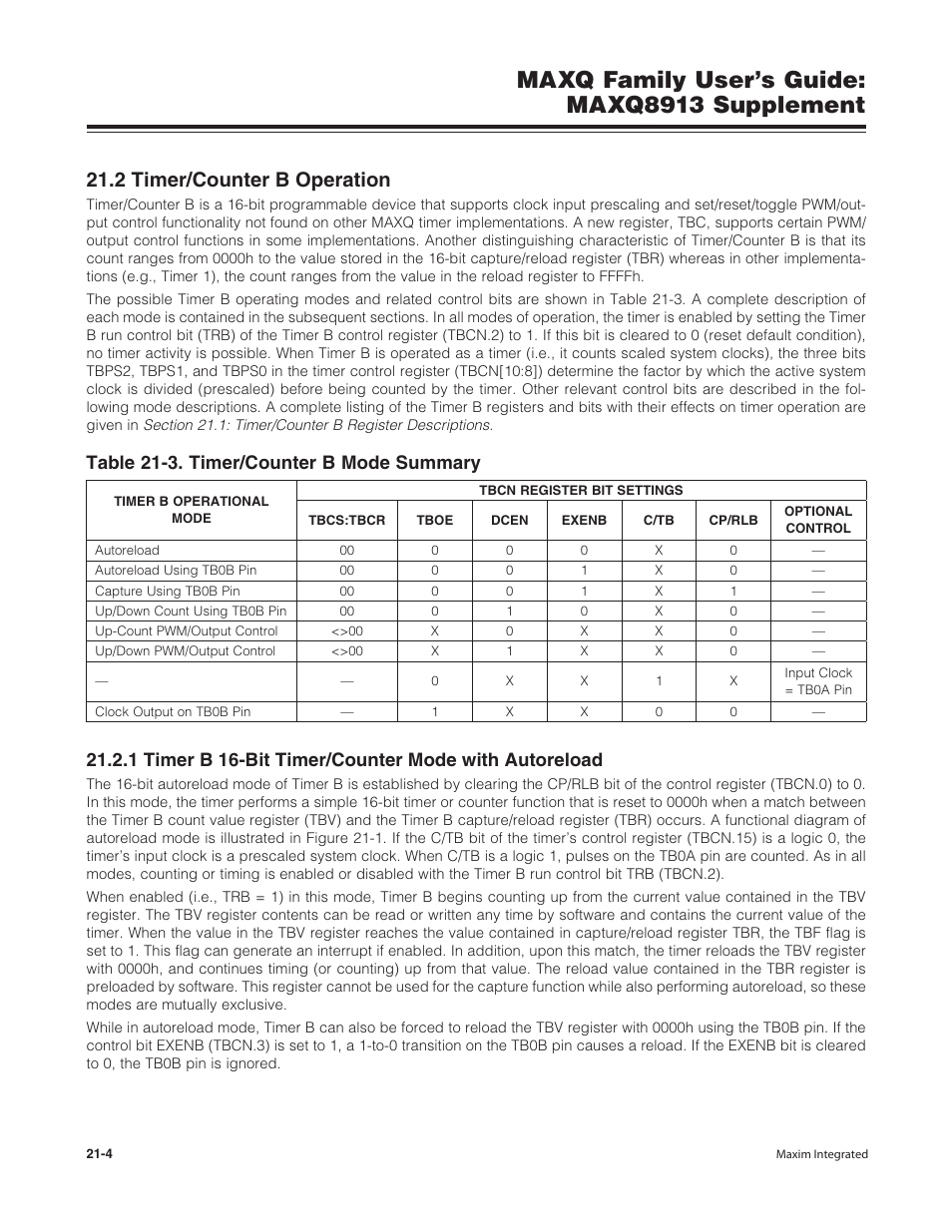 2 timer/counter b operation, 2 timer/counter b operation -4, Maxq family user’s guide: maxq8913 supplement | Table 21-3. timer/counter b mode summary | Maxim Integrated MAXQ Family Users Guide: MAXQ8913 Supplement User Manual | Page 79 / 114