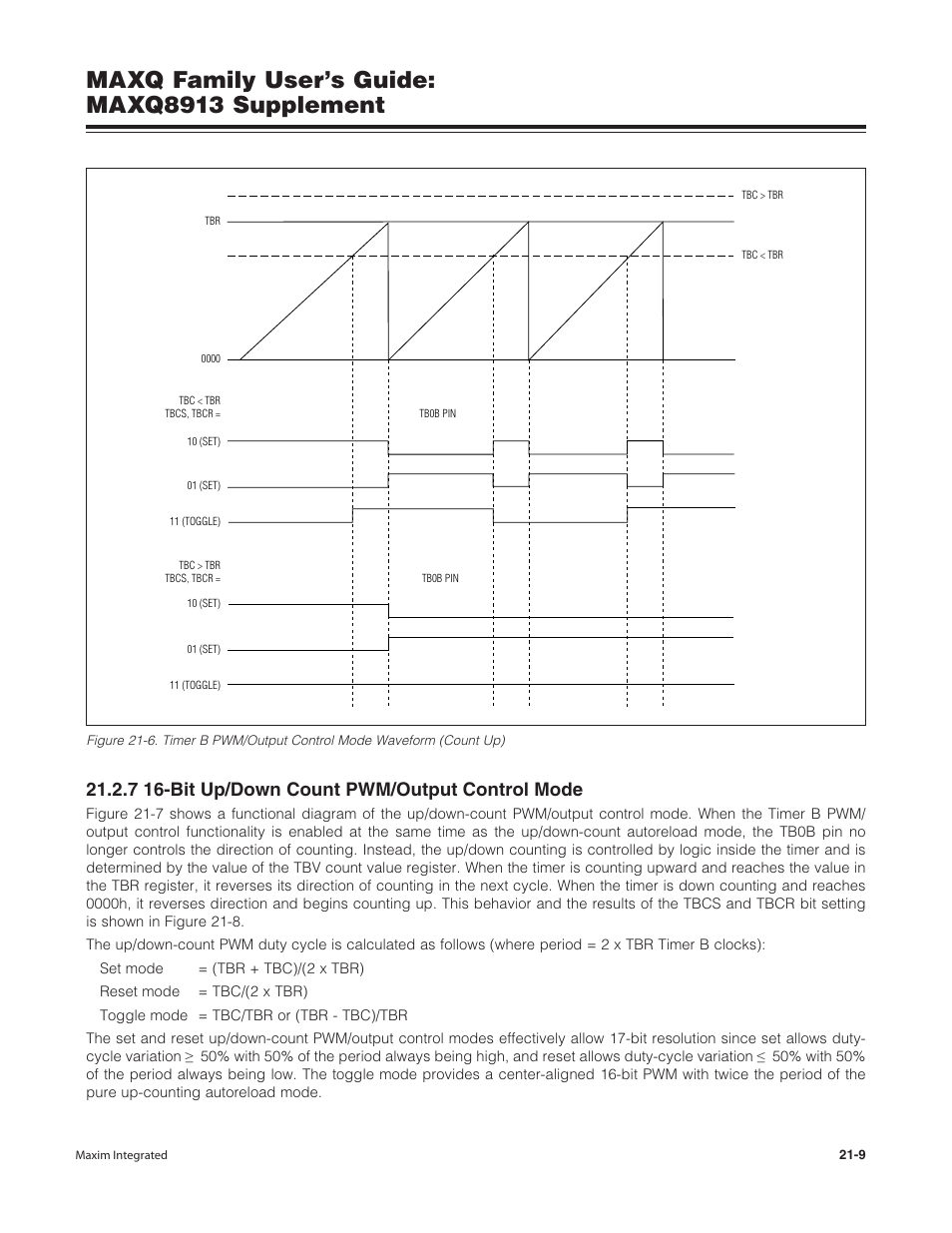 7 16-bit up/down count pwm/output control mode, 7 16-bit up/down count pwm/output control mode -9, Maxq family user’s guide: maxq8913 supplement | Maxim Integrated MAXQ Family Users Guide: MAXQ8913 Supplement User Manual | Page 84 / 114