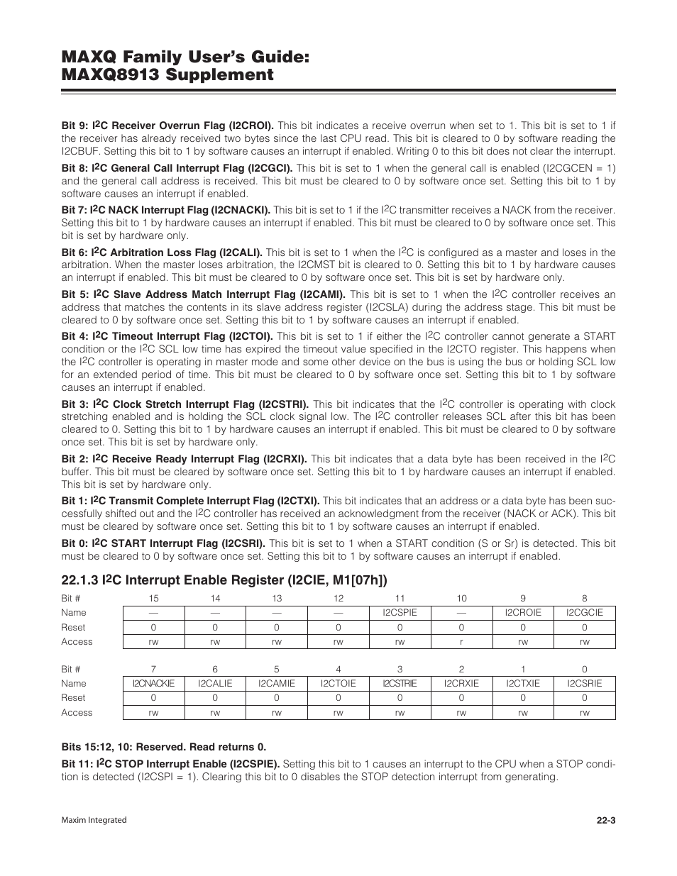 3 i2c interrupt enable register (i2cie, m1[07h]), C interrupt enable register (i2cie, m1[07h]) -3, Maxq family user’s guide: maxq8913 supplement | C interrupt enable register (i2cie, m1[07h]) | Maxim Integrated MAXQ Family Users Guide: MAXQ8913 Supplement User Manual | Page 89 / 114