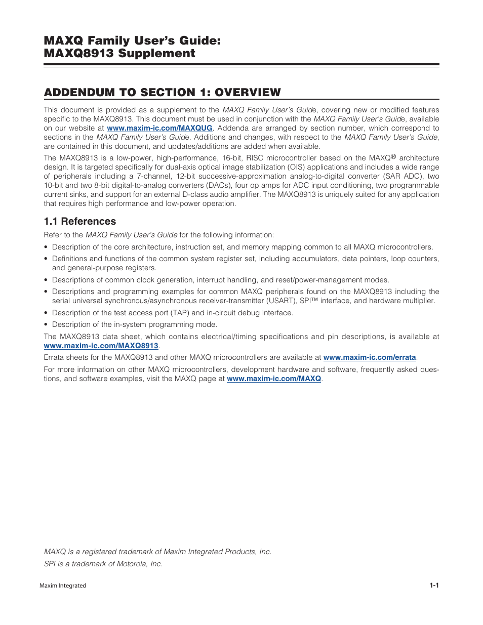 Addendum to section 1: overview, 1 references, 1 references -1 | Maxq family user’s guide: maxq8913 supplement | Maxim Integrated MAXQ Family Users Guide: MAXQ8913 Supplement User Manual | Page 9 / 114