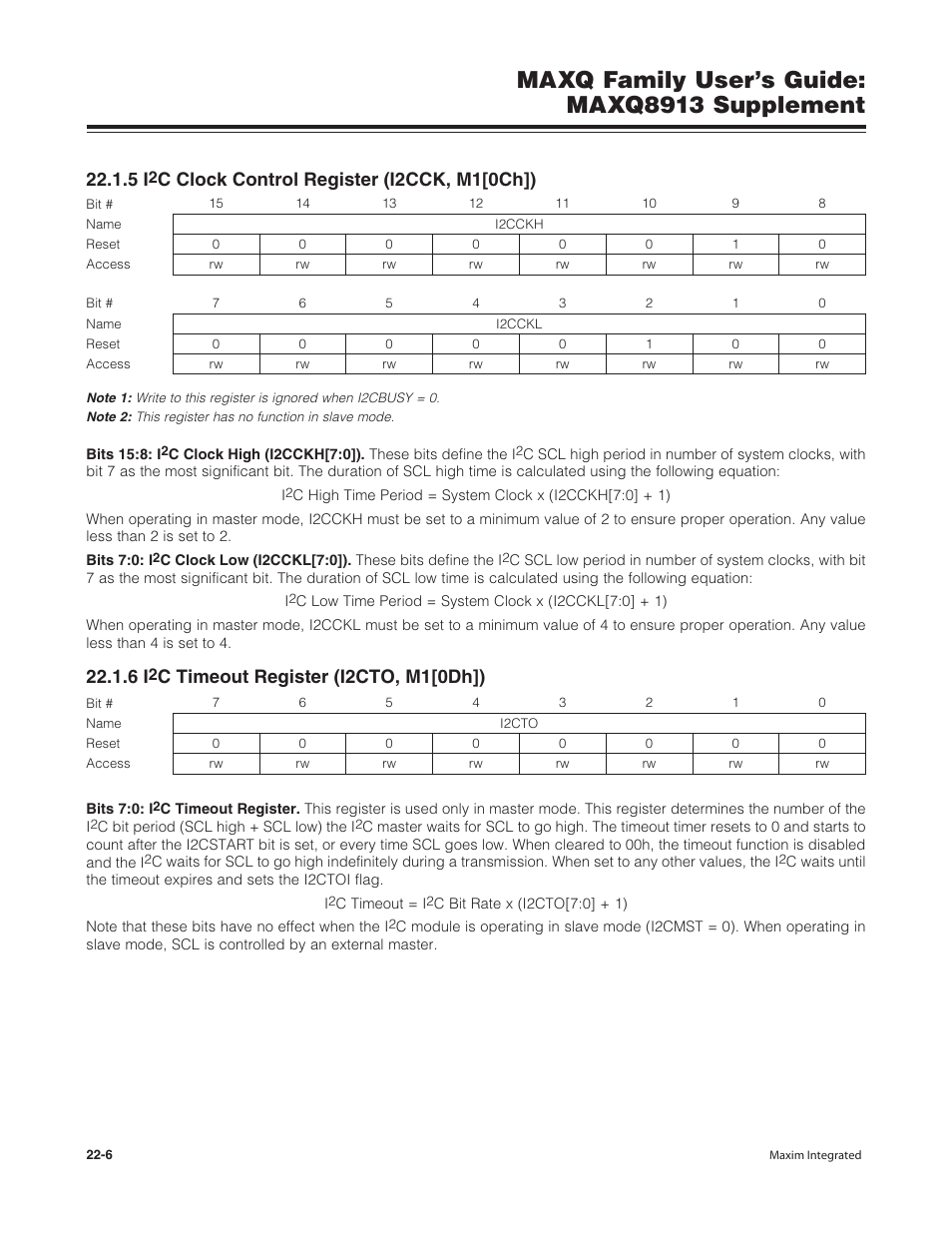 5 i2c clock control register (i2cck, m1[0ch]), 6 i2c timeout register (i2cto, m1[0dh]), C clock control register (i2cck, m1[0ch]) -6 | C timeout register (i2cto, m1[0dh]) -6, Maxq family user’s guide: maxq8913 supplement, C clock control register (i2cck, m1[0ch]), C timeout register (i2cto, m1[0dh]) | Maxim Integrated MAXQ Family Users Guide: MAXQ8913 Supplement User Manual | Page 92 / 114