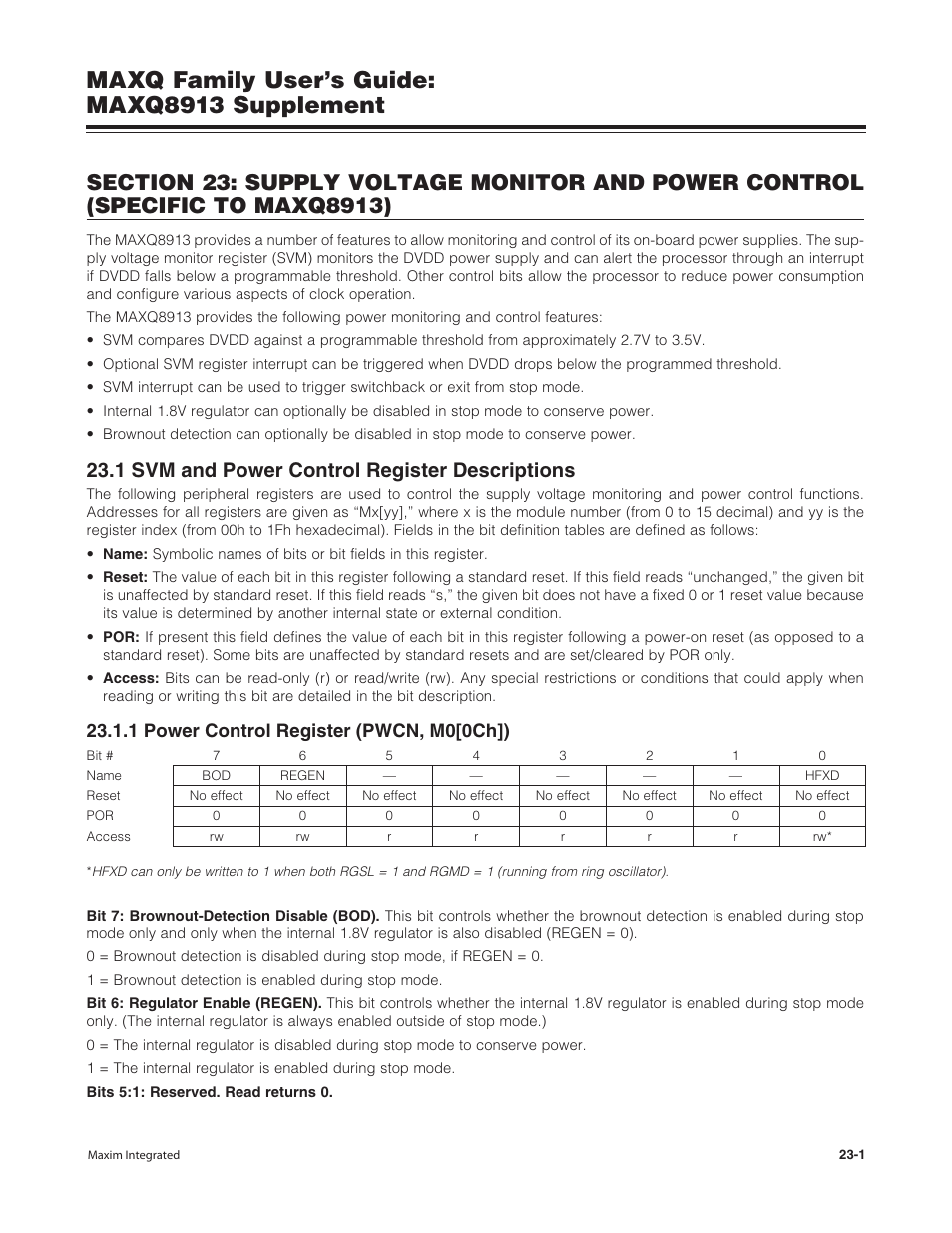 1 svm and power control register descriptions, 1 power control register (pwcn, m0[0ch]), 1 svm and power control register descriptions -1 | 1 power control register (pwcn, m0[0ch]) -1, Maxq family user’s guide: maxq8913 supplement | Maxim Integrated MAXQ Family Users Guide: MAXQ8913 Supplement User Manual | Page 96 / 114