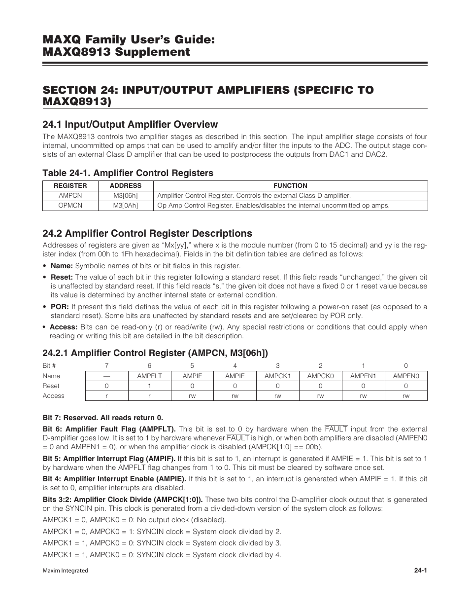 1 input/output amplifier overview, 2 amplifier control register descriptions, 1 amplifier control register (ampcn, m3[06h]) | 1 amplifier control register (ampcn, m3[06h]) -1, Maxq family user’s guide: maxq8913 supplement, Table 24-1. amplifier control registers | Maxim Integrated MAXQ Family Users Guide: MAXQ8913 Supplement User Manual | Page 98 / 114