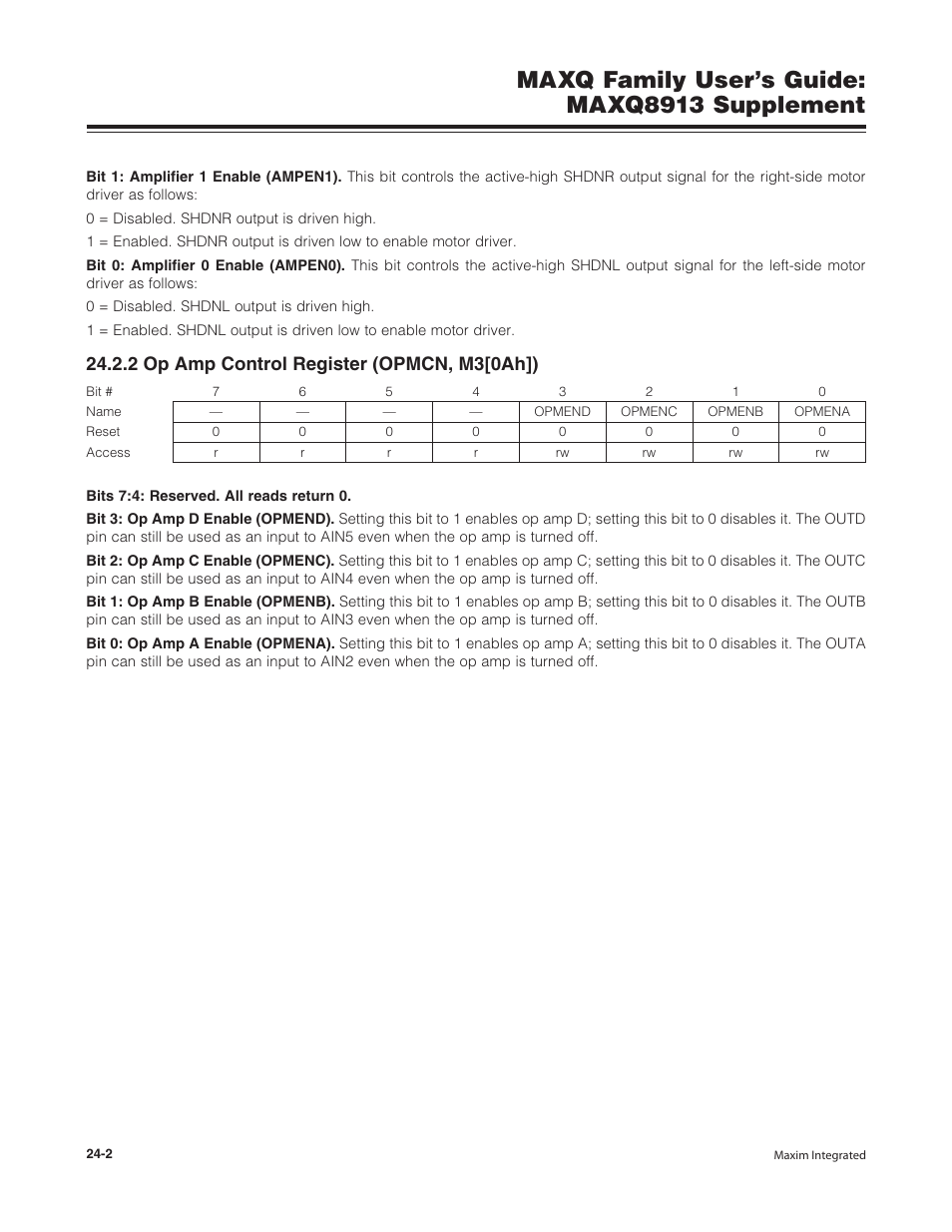 2 op amp control register (opmcn, m3[0ah]), 2 op amp control register (opmcn, m3[0ah]) -2, Maxq family user’s guide: maxq8913 supplement | Maxim Integrated MAXQ Family Users Guide: MAXQ8913 Supplement User Manual | Page 99 / 114