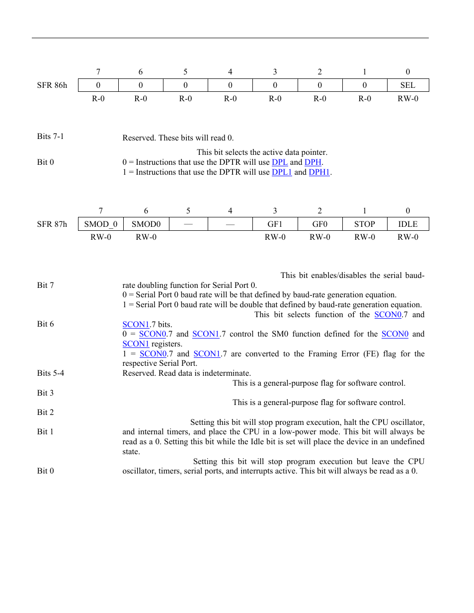 7 data pointer select (dps), 8 power control (pcon), Data pointer low 0 (dpl) | Data pointer high 0 (dph), Data pointer low 1 (dpl1), Data pointer high 1 (dph1), Pcon, When the sel bit, 0) is set | Maxim Integrated High-Speed Microcontroller User Manual | Page 27 / 176