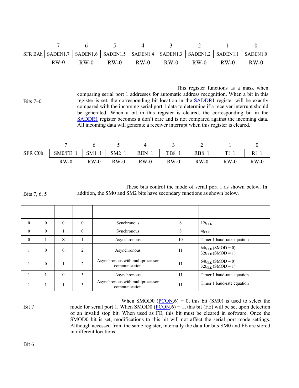 28 slave address mask enable register 1 (saden1), 29 serial port control (scon1), Interrupt priority (ip) | Slave address mask enable register 0 (saden0), Saden1, Scon1, 7 bits, 7 and, 7 contr, Regis | Maxim Integrated High-Speed Microcontroller User Manual | Page 40 / 176