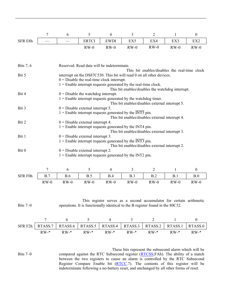 44 extended interrupt enable (eie), 45 b register (b), 46 real-time alarm subsecond register (rtass) | Accumulator (a or acc), Rtass | Maxim Integrated High-Speed Microcontroller User Manual | Page 52 / 176
