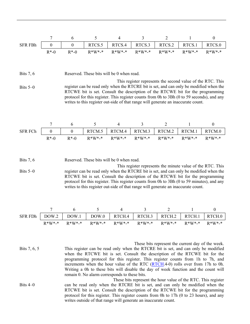 53 real-time clock second register (rtcs), 54 real-time clock minute register (rtcm), 55 real-time clock hour register (rtch) | Real-time clock subsecond register (rtcss), Rtcs, Rtcm, Rtch, Gister, Against the rtc minute register, Fch). the | Maxim Integrated High-Speed Microcontroller User Manual | Page 57 / 176