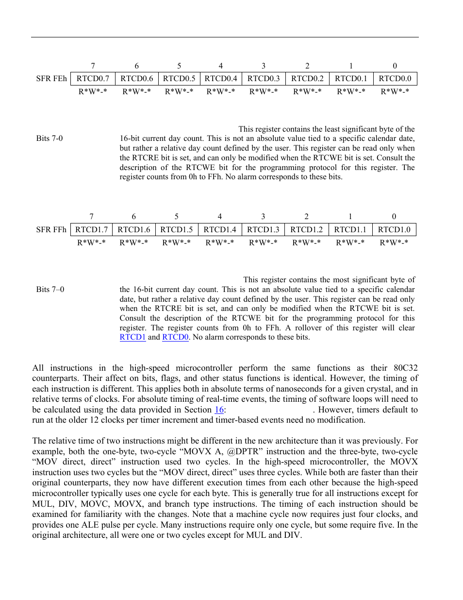 56 real-time clock day register 0 (rtcd0), 57 real-time clock day register 1 (rtcd1), 3 instruction timing | Real-time clock second register (rtcs), Real-time clock minute register (rtcm), Real-time clock hour register (rtch), Rtcd0, Rtcd1, Ffh) are ignored. attem | Maxim Integrated High-Speed Microcontroller User Manual | Page 58 / 176