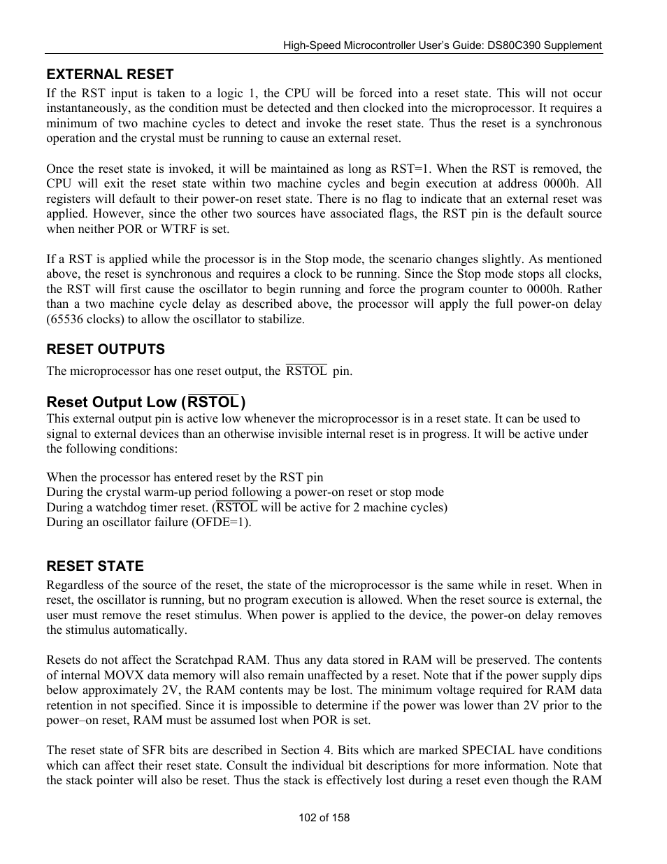 External reset, Reset outputs, Reset state | Xternal, Eset | Maxim Integrated High-Speed Microcontroller Users Guide: DS80C390 Supplement User Manual | Page 102 / 158