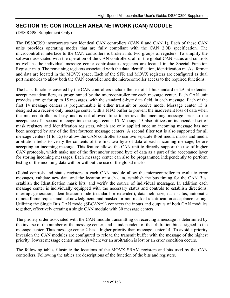 Section 19: controller area network (can) module | Maxim Integrated High-Speed Microcontroller Users Guide: DS80C390 Supplement User Manual | Page 119 / 158