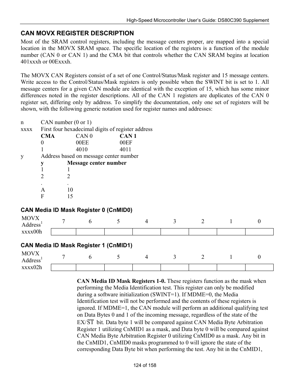 Can movx register description, Can media id mask register 0 (cnmid0), Can media id mask register 1 (cnmid1) | Can movx r, Egister, Escription | Maxim Integrated High-Speed Microcontroller Users Guide: DS80C390 Supplement User Manual | Page 124 / 158