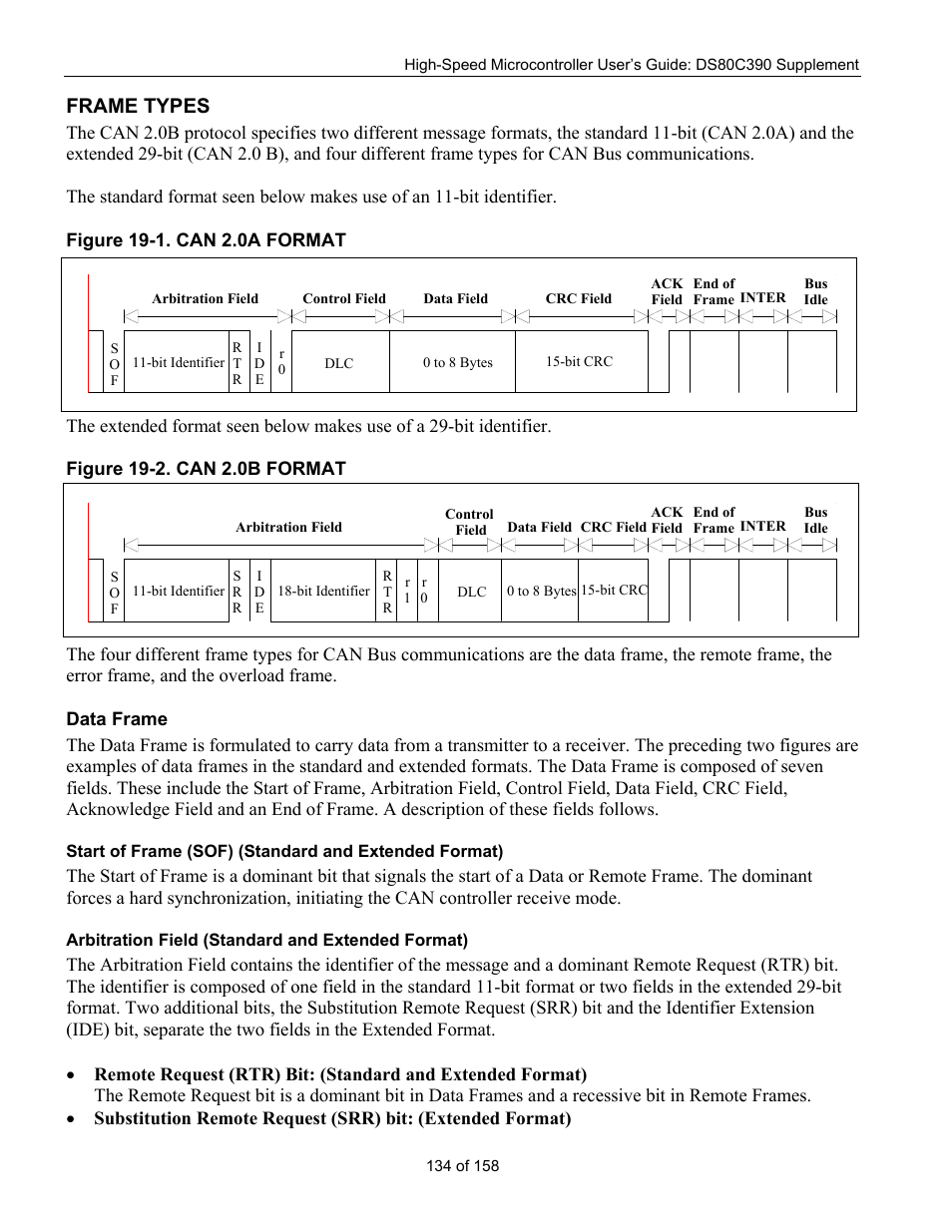 Frame types, Data frame, Arbitration field (standard and extended format) | Rame, Ypes | Maxim Integrated High-Speed Microcontroller Users Guide: DS80C390 Supplement User Manual | Page 134 / 158
