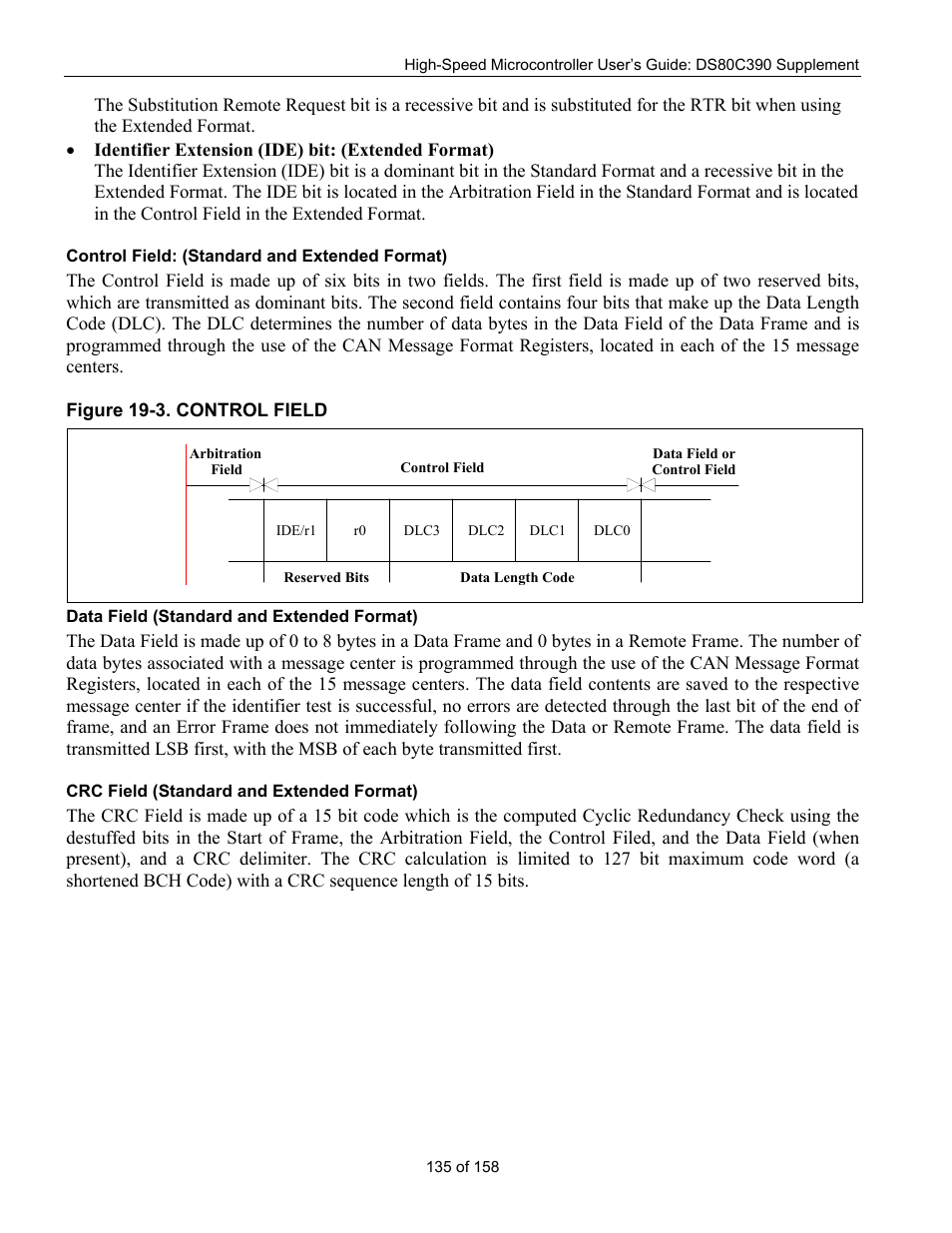 Control field: (standard and extended format), Data field (standard and extended format), Crc field (standard and extended format) | Maxim Integrated High-Speed Microcontroller Users Guide: DS80C390 Supplement User Manual | Page 135 / 158